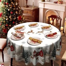 Toalha de mesa de Natal de 1 peça - Estilo europeu vintage, com Papai Noel aconchegante em trenó, casas, pinheiros, renas, decoração de flocos de neve - Tecido de poliéster durável - Serve para mesas retangulares, redondas e de jantar - Festa, casa, restaurante, decoração de inverno - Decoração de Natal fácil de limpar - Multicolorido - Ver 12
