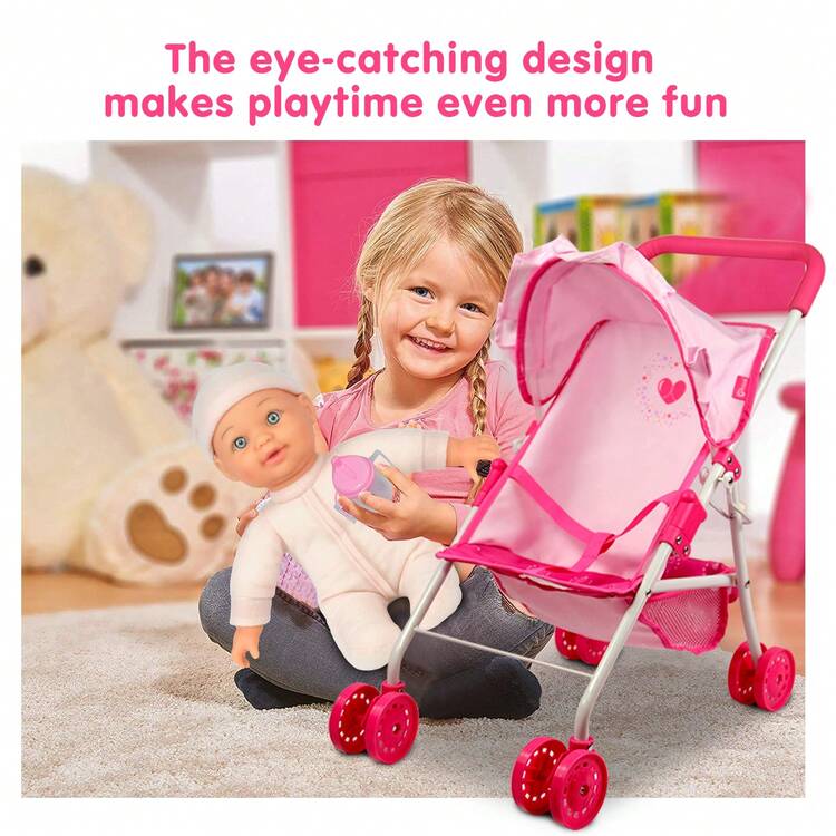 娃娃车婴儿车，含柔软车身 11 英寸婴儿娃娃，粉色，带底部储物篮的婴儿娃娃玩具车，适合 3 岁以上儿童的婴儿娃娃车，可玩娃娃和旅行的玩具婴儿车，适合毛绒玩具和毛绒动物，适合 3 岁以上儿童的角色扮演游戏，玩具娃娃车，角色扮演玩具车，紫色和粉色 - 彩色 - 查看 11