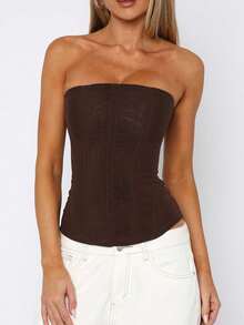Women's Vintage Strapless Corset Tops Zip Back Boned Mesh Bustier Bodyshaper Tube Top - Cà phê nâu - Xem 4