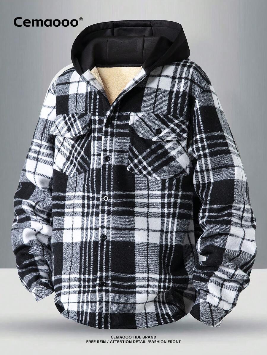 Men's Fashion Plaid Symmetrical Button Front Flap Pocket Cuff Button Design Curved Hem Outdoor Casual Versatile Thermal Lined Hooded Jacket, Fall/Winter