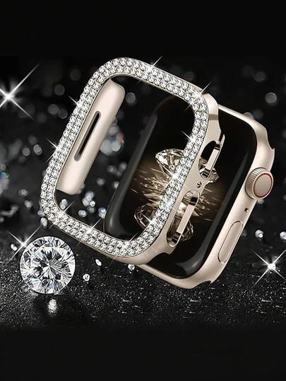 1 st blingfärgad damklockboett, kompatibel med Apple Watch-boett (38/42/40/41/44/45/56/49 mm), besatt med två rader strass, stöttåligt hårt PC-skelettboett, kompatibel med Apple Watch-serien 11/10/9/Ultra/SE/8/7/6/5/4/3 snyggt boett, lätt att bära, beröringskänslig