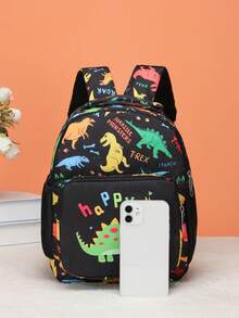 Personalize sua mochila com seu nome ou mensagens de boas festas. Crie uma mochila exclusiva, moderna e multifuncional com uma estampa divertida de dinossauro. Leve e fácil de transportar, perfeita para o uso diário por adolescentes e também para viagens. Multifuncional, decorativa, personalizável com letras, moderna, colorida, fofa, casual, única e um presente ideal para ele ou para ela. - Texto com traço médio - Ver 3