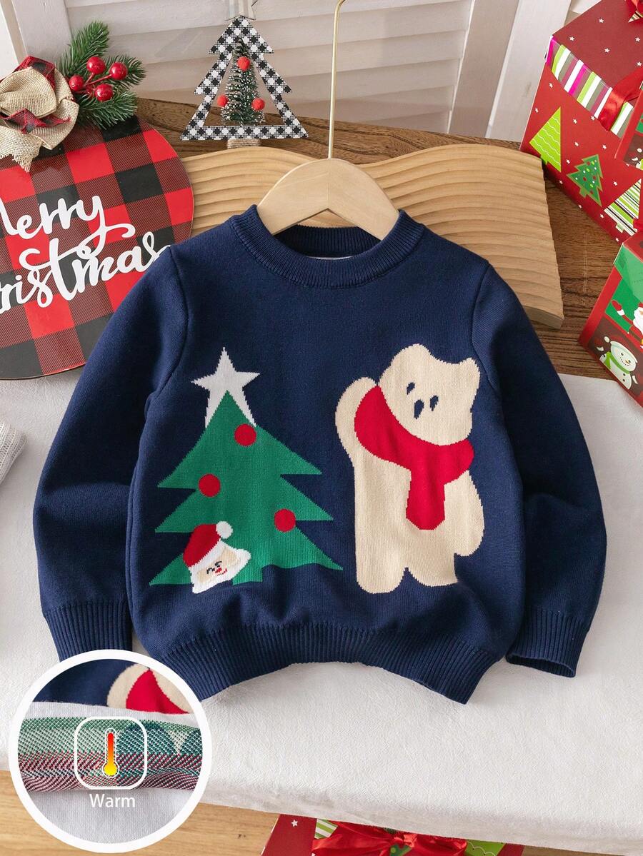 儿童可爱圣诞树图案长袖毛衣、圣诞礼物、圆领套头衫,适合圣诞派对、日常穿着、春季、秋季、冬季 - 藏蓝色 - 查看 1