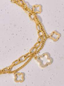 1件装时尚简约双层四叶草吊坠手链，18K镀金不锈钢材质，不易褪色，可叠戴，ins风夏季派对及开斋节情人节礼物 - 金黃色 - 查看 11