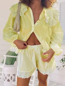 Womens Casual 2 Piece Outfits Long Sleeve Doll Collar Blouse Tops + Shorts Set Loungewear - 淺黃色 - 查看 3