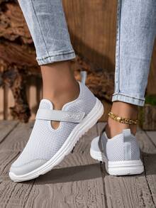 Women's Slip-On Mesh Shoes, Flat Heel, Casual Comfort Sneakers, Gray, Hook And Loop Closure, Soft Sole, Lightweight, Daily Wear, Autumn - Grey - View 10