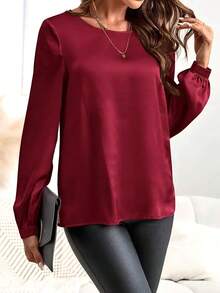 Women's Elegant Long Sleeve Round Neck Blouse - Middle Eastern Style Solid Color Top, Machine Washable, Suitable For Casual And Formal Occasions In Spring And Autumn, Holiday Attire, Exquisite Tailoring, Silky Texture