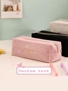 1PC Thermal Transfer Custom Corduroy Pencil Case, Stationery Storage Pencil Case With Zipper, Office & Classroom Desktop Learning Accessories Storage Bag, Back To School Essentials School Supplies (Makeup Bag) - Gold - View 11