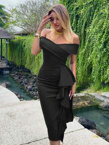 CurvySweet Đầm midi dáng ôm thanh lịch cổ điển không dây vai, xẻ tà, có bèo nhún, tích hợp áo ngực, thích hợp cho tiệc cocktail bán trang trọng, hoặc dự tiệc cưới. - màu đen - Xem 6