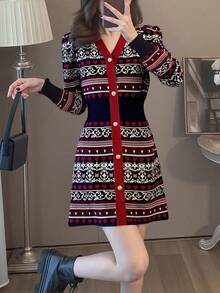 Alicedudu فستان كنزة صوفية نسائي بياقة على شكل حرف V وطراز قديم، مخفف للحجم، خريف/شتاء