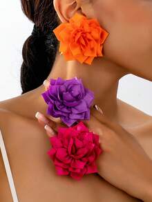 1 Pair Elegant Bohemian Style Fabric Flower Pendant Earrings, Suitable For Daily And Holiday Outfits, Red Flower Design - Orange - View 2