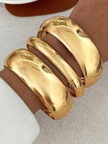 3pcs Vintage Exaggerated Luxurious Geometric Design Wide Metal Gold Bangle Set, Suitable For Daily Wear And Gift - Golden 7 - View 7