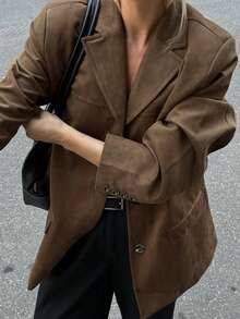 Damen elegante vintage Locker Jacke, einfarbiger Webstoff, Knopfverschluss mit Taschen, geeignet für Pendeln, Flughafen, Büroalltag, Schule, Herbst/Winter