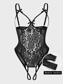 New Sexy Women's Lingerie, Hollow Bowknot Front, Adjustable Straps, Double Hook Closure, Semi-Sheer Lace Patchwork Jumpsuit, Teddy Bear Sleepwear, Naughty Girl Style - Black - View 7
