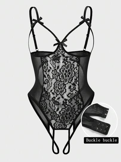 New Verleidelijke Lingerie, Openwork Bow On The Chest Adjustable Straps Double Row Of Hooks Semi Transparent Kanten Patchwork Bodysuit Erotic Teddy, Baddie Look view 6