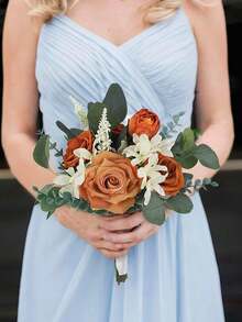 1pc Wedding Bouquets Roses Artificial Flowers Bouquets Fall Wedding Decor Bride Burnt Orange Bridal Bouquet For Wedding Terracotta Bouquets Wedding Ceremony Proposal,Rose Wedding Boutonniere,Fake Silk Rose Flowers Bouquet For Wedding Party Office Home Decor Crafts