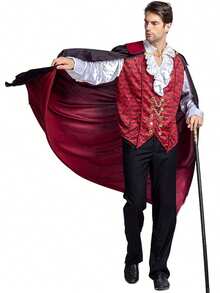 Victorian Goth Vampire Costume For Men Halloween Men Vampire Costume,Halloween Men's Vampire Cape, Dracula Costume Men Long Sleeve Shirts With Attached Waistcoat And Cloak Set For Halloween Cosplay Party Outfits NO Pants - Black - View 2