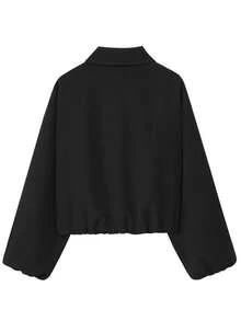 Women's Short Jacket, Long Sleeve Cropped Bomber Jacket, Black, Spring/Autumn - Black - View 7