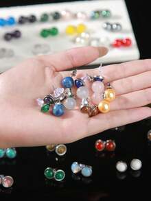 6/8/10mm Natural Stone Round Bead Stainless Steel Stud Earrings, Agate/Crystal/Faux Pearl And Other Natural Materials, Lucky Stone Healing Stone Energy Boosting, Fashion Jewelry Earrings For Women