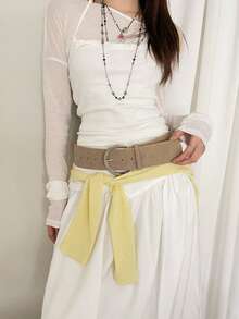1pc Khaki PU D-Ring Buckle Suede Vintage Versatile Wide Waist Belt - Khaki - View 2