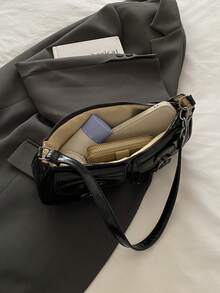 新款时尚双口袋装饰手提包，适合聚会、郊游、度假、购物和日常使用，可存放硬币、手机，也适合作为白领、大学生和办公室职员的工作包，优雅的女士包 - 黑色 - 查看 4