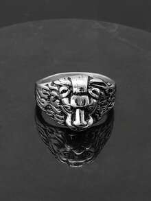 1pc Fashionable Stainless Steel Lion Head Ring, Rugged Animal Jewelry Accessory, European And American Style - steel color - View 1