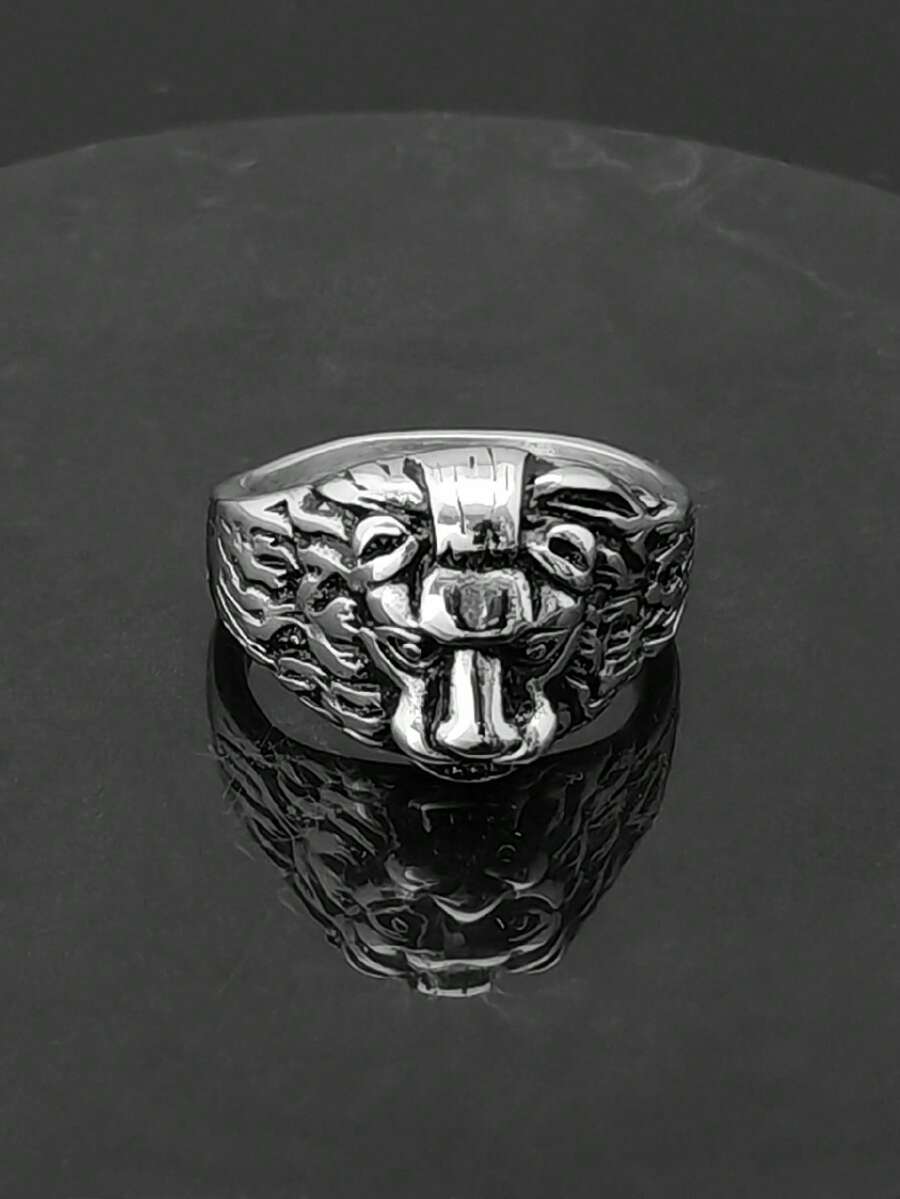 1pc Fashionable Stainless Steel Lion Head Ring, Rugged Animal Jewelry Accessory, European And American Style - steel color - View 1