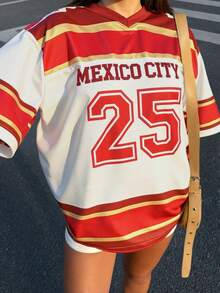 Jersey Oversize Estilo K-pop 'Mexico City 25' Inspirado en J-Hope – Unisex"  Letras  A rayas  Número    Casual    Brillante    Ribete en contraste    urbano-kpop  Diario    verano - Blanco - Ver 6