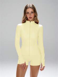 This Sporty Jacket Features A Minimalist And Fashionable Style, Combining Collegiate And Athletic Elements. With Long Sleeves And Thumb Holes, The Comfortable Stretchy Fabric Is Suitable For Dance/Pilates Workouts. The Front Zip-Up Design With A Low Collar Allows You To Easily Transition From Street To Gym. With Shaping Seams, A Slim Fit, Full Coverage, Long Sleeves With Thumb Holes, Effective Cinched Waist, Bust Lifting Pleats, 360° Stretch Structure, And Anti-Slip Zipper Guard, This Is A Women's Fitted Zip-Up Jacket. - Light Yellow - View 4