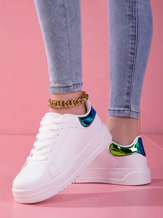 Women's Silver-White Casual Sneakers, Fashionable Green Heel Contrast Design, Skateboard Shoes For , Christmas, Versatile For Skirts, Commuting, Travel, School, Walking, Casual