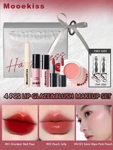 Mooekiss 4pcs Makeup Set Including Blush & Lip Gloss, Featuring Glossy & Matte Finishes, Gift Box Packaging, Suitable For Girlfriend