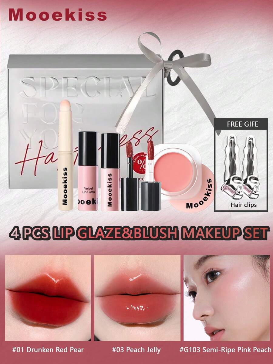Mooekiss 4pcs Makeup Set Including Blush & Lip Gloss, Featuring Glossy & Matte Finishes, Gift Box Packaging, Suitable For Girlfriend