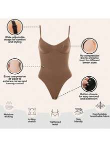 2Pcs High Waist Tummy Control Thong Bodysuit Figure - 咖啡棕 - 查看 2