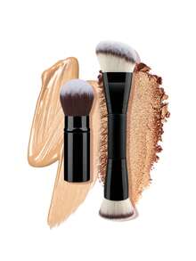 1/2/3件套化妆刷 NEW YORK 可伸缩黑色歌舞伎刷，适用于液体、膏状和粉状面部彩妆，铝制手柄，包含粉底粉底刷套装、腮红高光刷以及圆形和扁平粉底刷。 - 黑色 - 查看 8