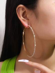 Minimalist Rhinestone Inlaid Chunky Hoop Earrings For Women, Fashionable & Chic Geometric Circle Drop Earrings - 銀色 - 查看 2