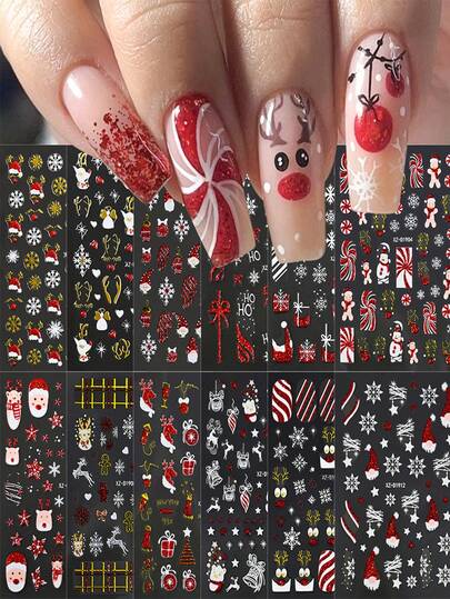 12pcs 3D Christmas & New Year Snowflake Nail Art Stickers - Festive Reindeer, Candy Canes, Santa Claus, Snowman, Matte Finish, Self-Adhesive, 12 Sheets Perfect For Holiday Manicures, Christmas Nail Stickers