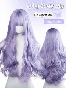 1 Synthetic Heat-Resistant Wig, Purple Long Rolled Wig With Bangs, 28 Feet Long, Made Of Fiber, Suitable For Daily Use, Natural Simulation Wig - Purple - View 12