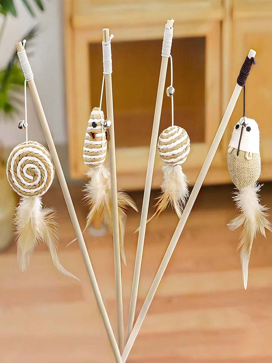 1 pezzo Bacchetta di legno per giocare con i gatti con campanello, stile casuale, giocattolo interattivo per gatti, asta lunga con piume colorate e campanello, accessori per animali domestici, ricambio per bacchetta con piume per gatti, adatto per esercizio e intrattenimento dei gatti, bacchetta da tenere in mano, vari insetti intercambiabili sulla testa, ricambio per bacchetta per giocare con i gatti