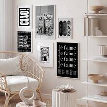 1/6 piezas Cuadros de arte de pared en blanco y negro Impresiones de leopardo y surfista Pinturas en lienzo Pósteres con tipografía audaz Decoración estética Y2K preppy para dormitorio, sala de estar, oficina, habitación de niña, regalo para ella sin marco - Multicolor - Ver 2