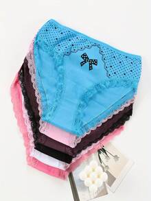 6pcs Contrast Lace Briefs Elegant Panties Size Bow Heart Print Comfy & Breathable Stretchy Intimates Women's Lingerie & Underwear - 彩色 - 查看 3