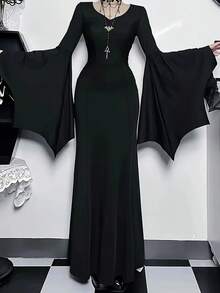 Women's Solid Color Casual Elegant Gothic Style Ruffle Sleeve Dress For Party Black - Black - View 5