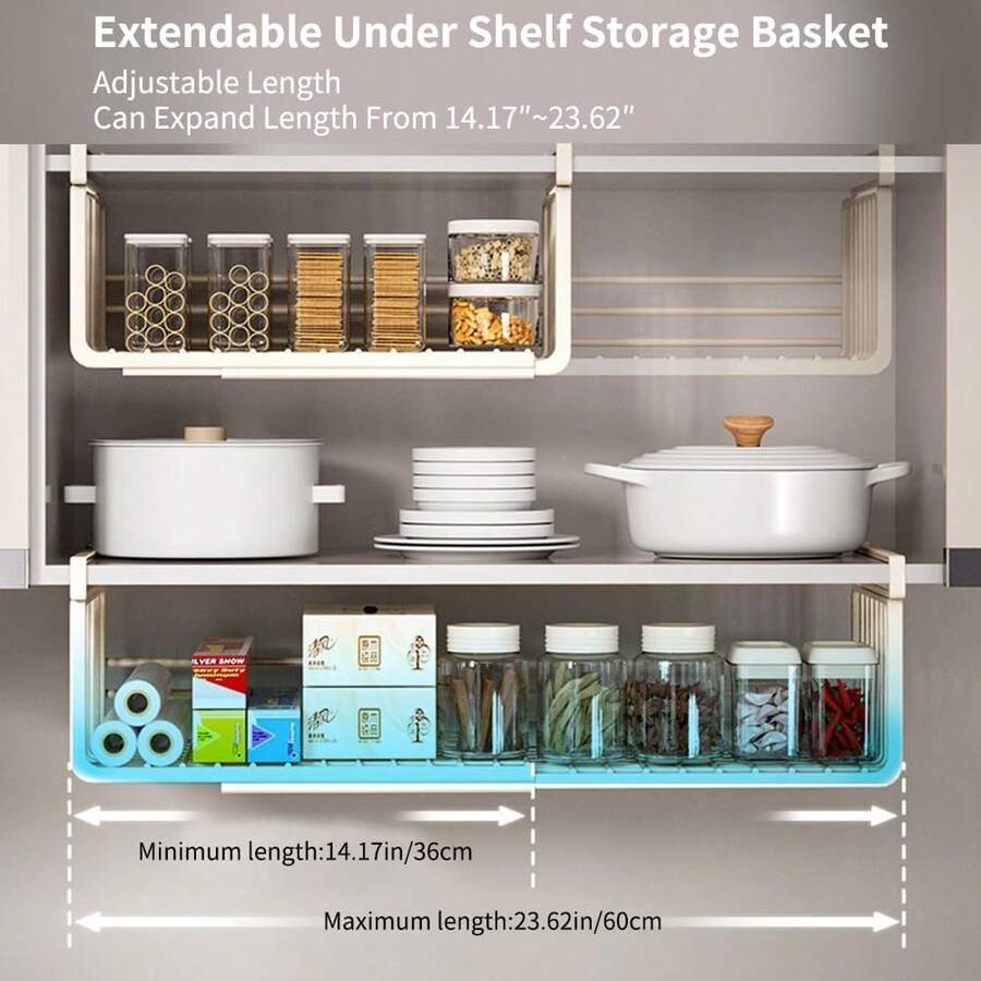 1pc (14inch-23inch) Extendable Shelf Hanging Basket, Under Cabinet Storage Basket Organizer, Suitable For Pantry, Kitchen Cabinet, Desk, Bookshelf, Space Saving Heavy Duty Slide-In - White - View 1