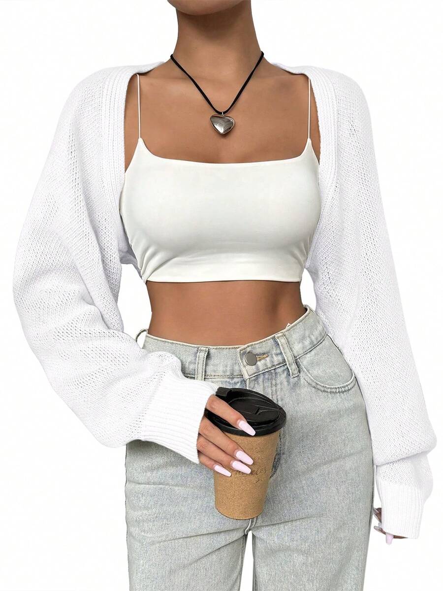 GoyRrbay Womens Long Sleeve Open Front Knit Crop Bolero Cardigan Sweater Shrug For Dress - trắng - Xem 1
