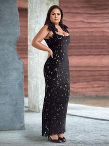 加大码黑色蝴蝶结镂空优雅修身派对连衣裙