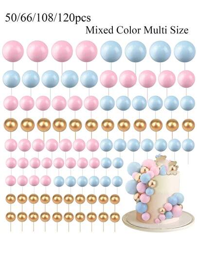 50/66/108/120 piezas Bolas decorativas para tartas, palillos con bolas para tartas, bolas de perlas de colores en forma de bola para decorar cupcakes, decoraciones de bolas de espuma para tartas, insertos con bolas para tartas, decoración de hornear con bolas para bodas, aniversarios, cumpleaños, Navidad, Halloween, Acción de Gracias