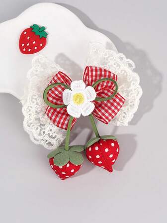 1 件装草莓蕾丝蝴蝶结发饰，适合甜美女孩，优雅蕾丝蝴蝶结发夹，草莓花发夹，红色格子发夹，日常鳄鱼夹青少年发饰