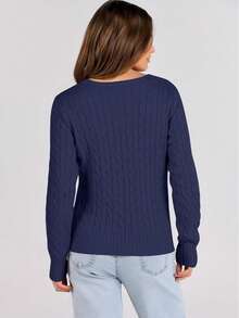 White Women's Long Sleeve Knit Solid Color Casual Ribbed Beach Sweater - Navy Blue - View 2