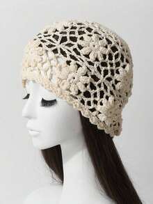 1pc Women's Spring/Summer Handmade Crochet Mesh Floral Hollow Out Vintage Elegant Breathable Thin Knit Cap, Handmade Knit Headband Beanie, Fashionable - 針織帽 - 查看 10