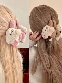 Sanrio 1 件三丽鸥 Hello Kitty 优雅蝴蝶造型秋冬毛绒发夹，粉色和棕色毛绒 KT 猫卡通设计，最佳礼物，适合送给女朋友 - 彩色 - 查看 3