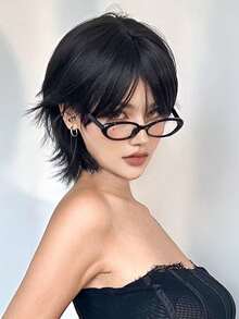 10-Inch Short Mullet Head Wigs With Bangs Synthetic Straight Women Black Short Hair Wig For Daily Party Cosplay - 黑色 - 查看 4